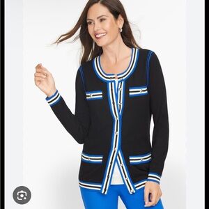 Talbots Black Cardigan with Blue and White Trim Womens Petite Large 5% Cashmere